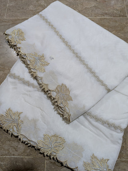 White Voile Lawn Scallop Dupatta with Gold & Silver Two-Tone Embroidery – Dyeable