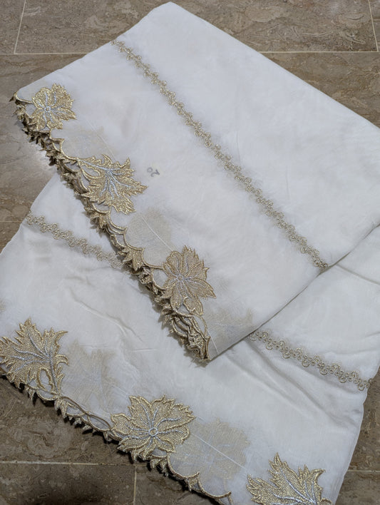 White Voile Lawn Scallop Dupatta with Gold & Silver Two-Tone Embroidery – Dyeable