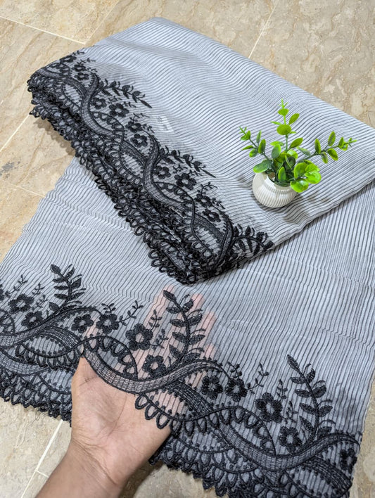 Dyeable White Organza with Black Self Lining Scallop Dupatta with Black Embroidery