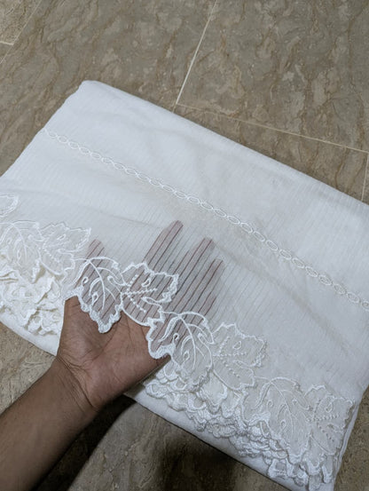 White Self-Lining Voile Lawn Scallop Dupatta with White Viscose Embroidery – Dyeable