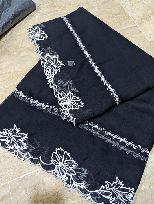 Black Chiffon Cutwork Dupatta with White Embroidery - Premium Quality