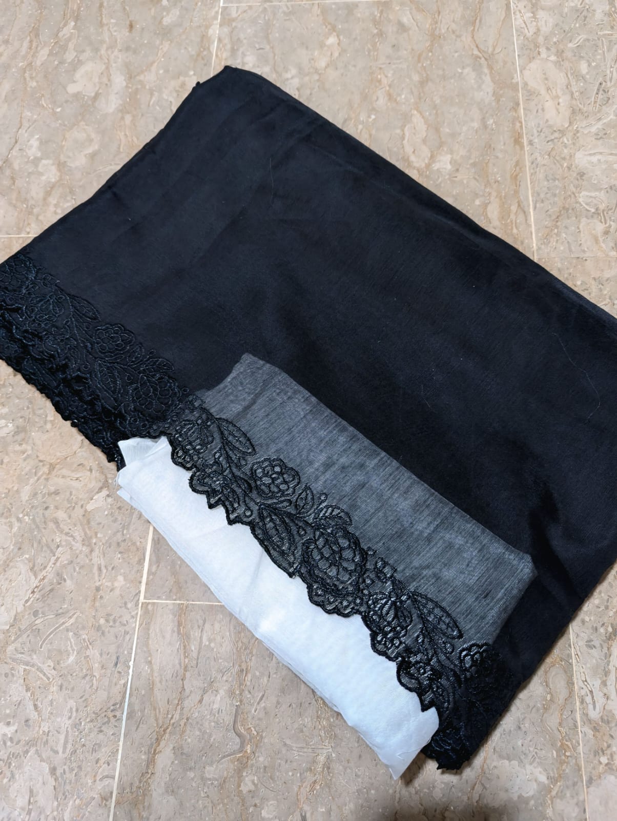 Black Voile Lawn Scallop Embroidered Dupatta