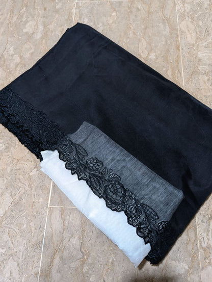 Black Voile Lawn Scallop Embroidered Dupatta