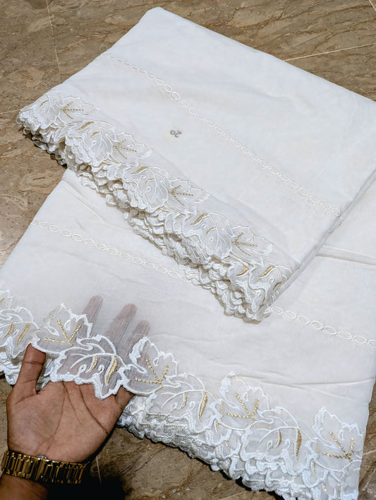 White Voile Lawn Scallop Dupatta with White & Golden Two-Tone Embroidery – Dyeable
