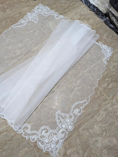 New White Organza 4-Sided Scallop Dupatta with Dyeable White Viscose Embroidery