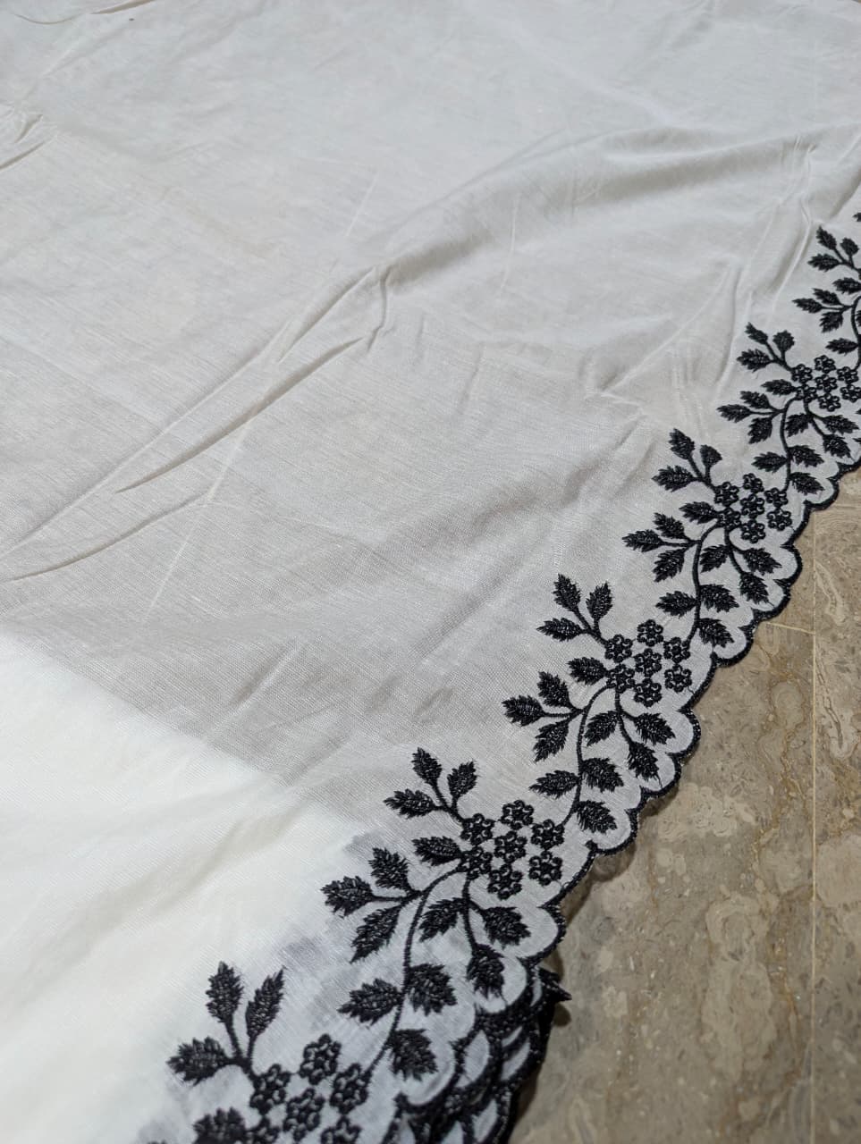 Voile Lawn Scalloped Dupatta with Black Embroidery – Badar and Sons #175