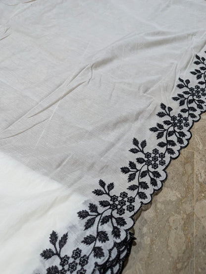 Voile Lawn Scalloped Dupatta with Black Embroidery – Badar and Sons #175