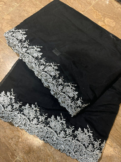 Black Voile Lawn Scallop Dupatta with White Embroidery