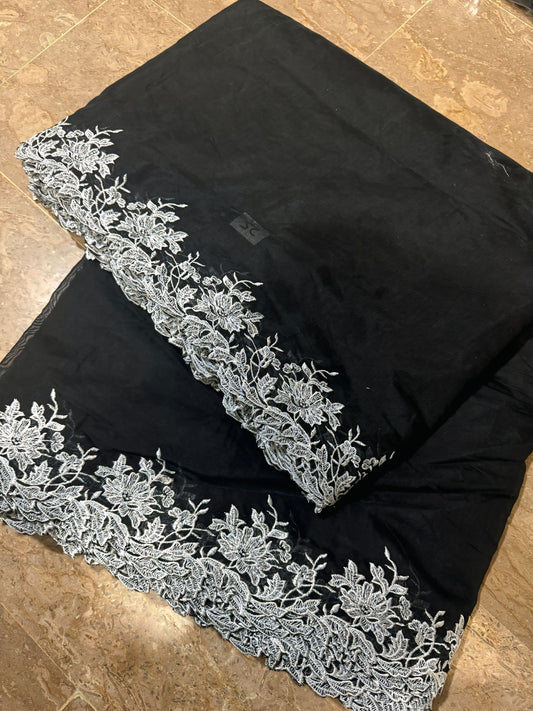 Black Voile Lawn Scallop Dupatta with White Embroidery