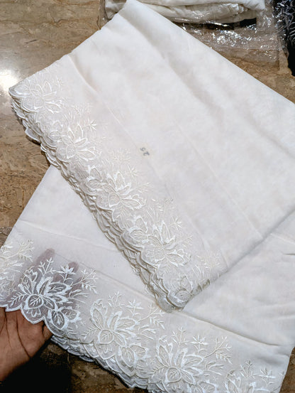 White Voile Lawn Scallop Dupatta with White Viscose Embroidery – Dyeable
