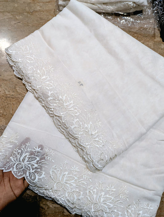 White Voile Lawn Scallop Dupatta with White Viscose Embroidery – Dyeable