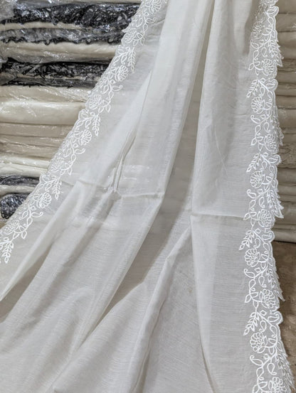 Dyeable White Voile Lawn Scallop Dupatta with White Viscose Embroidery – (D-236)