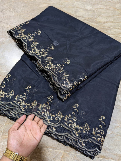 Black Voile Lawn Scallop Dupatta with Black & Golden Zari Two-Tone Embroidery