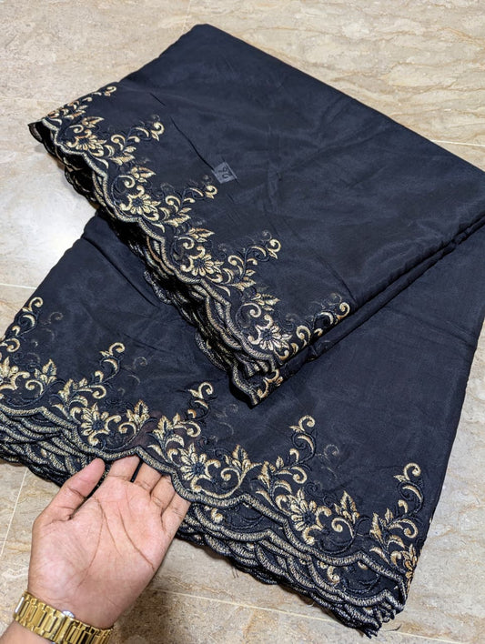 Black Voile Lawn Scallop Dupatta with Black & Golden Zari Two-Tone Embroidery