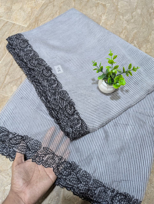 Dyeable White Organza with Black Self Lining Scallop Dupatta with Black Embroidery