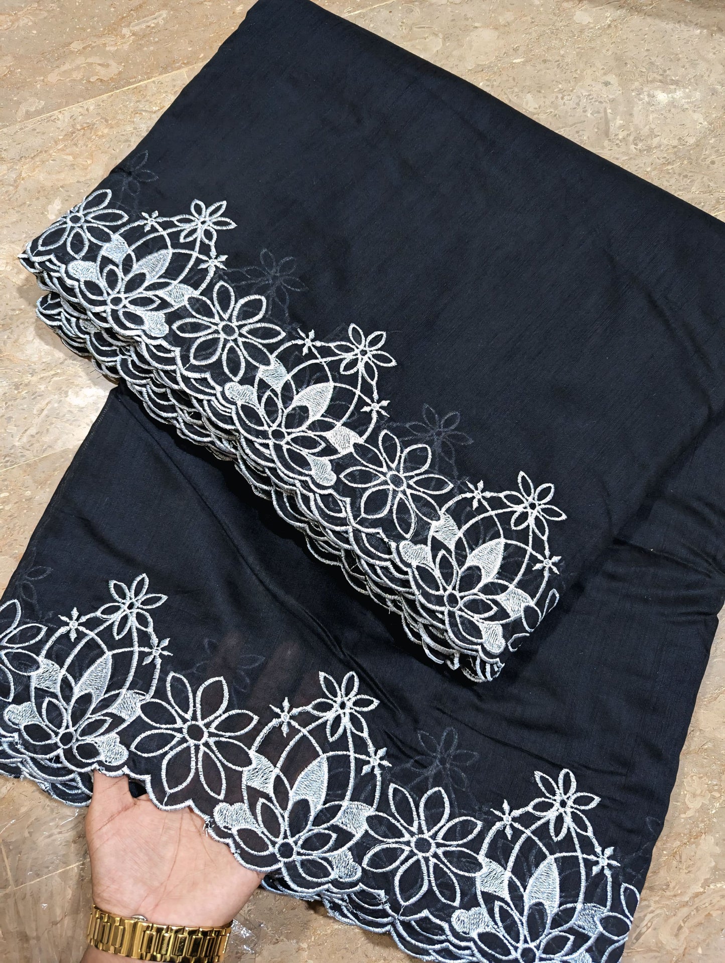 Black Voile Lawn Scallop Dupatta with White Embroidery