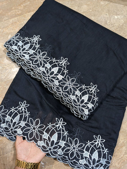 Black Voile Lawn Scallop Dupatta with White Embroidery