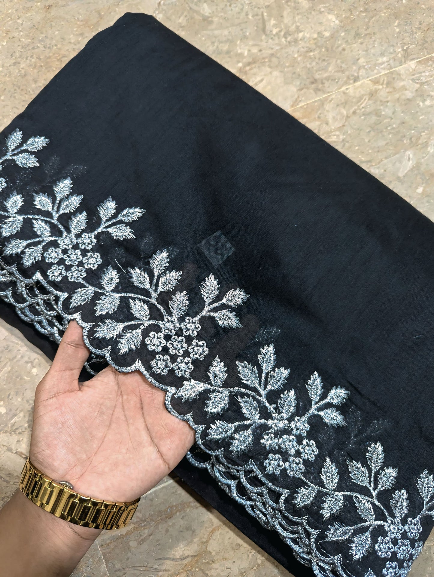 Black Voile Lawn Scallop Dupatta with Silver Zari Embroidery