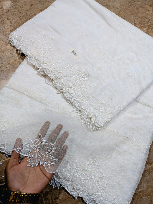 White Khadi Net Scallop Dupatta – Dyable, Viscose Embroidery