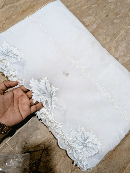 White Voile Lawn Scallop Dupatta with White & Silver Two-Tone Embroidery – Dyeable