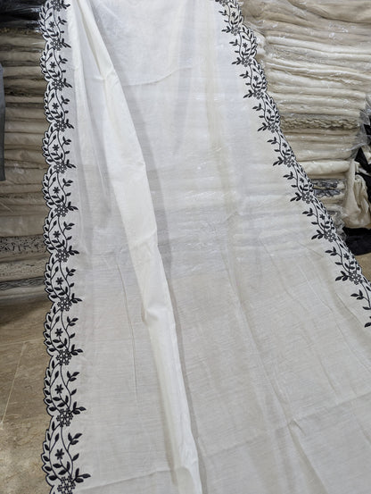Voile Lawn Scalloped Dupatta with Black Embroidery