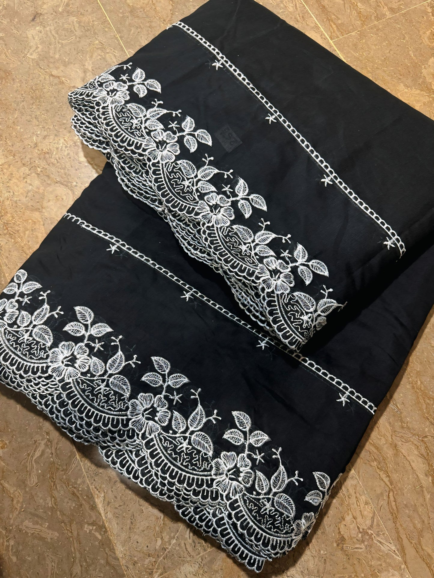 Black Voile Lawn Scallop Dupatta with White Embroidery