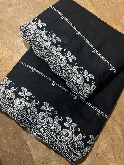 Black Voile Lawn Scallop Dupatta with White Embroidery