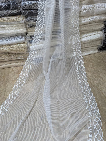 White Organza Scallop Dupatta with Self Lining & White Viscose Embroidery – Dyeable