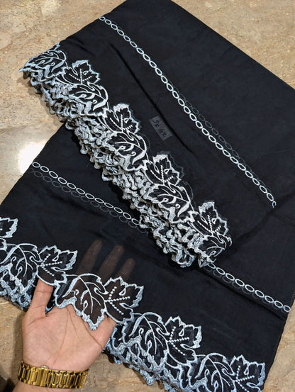 Black Voile Lawn Scallop Dupatta with White Embroidery