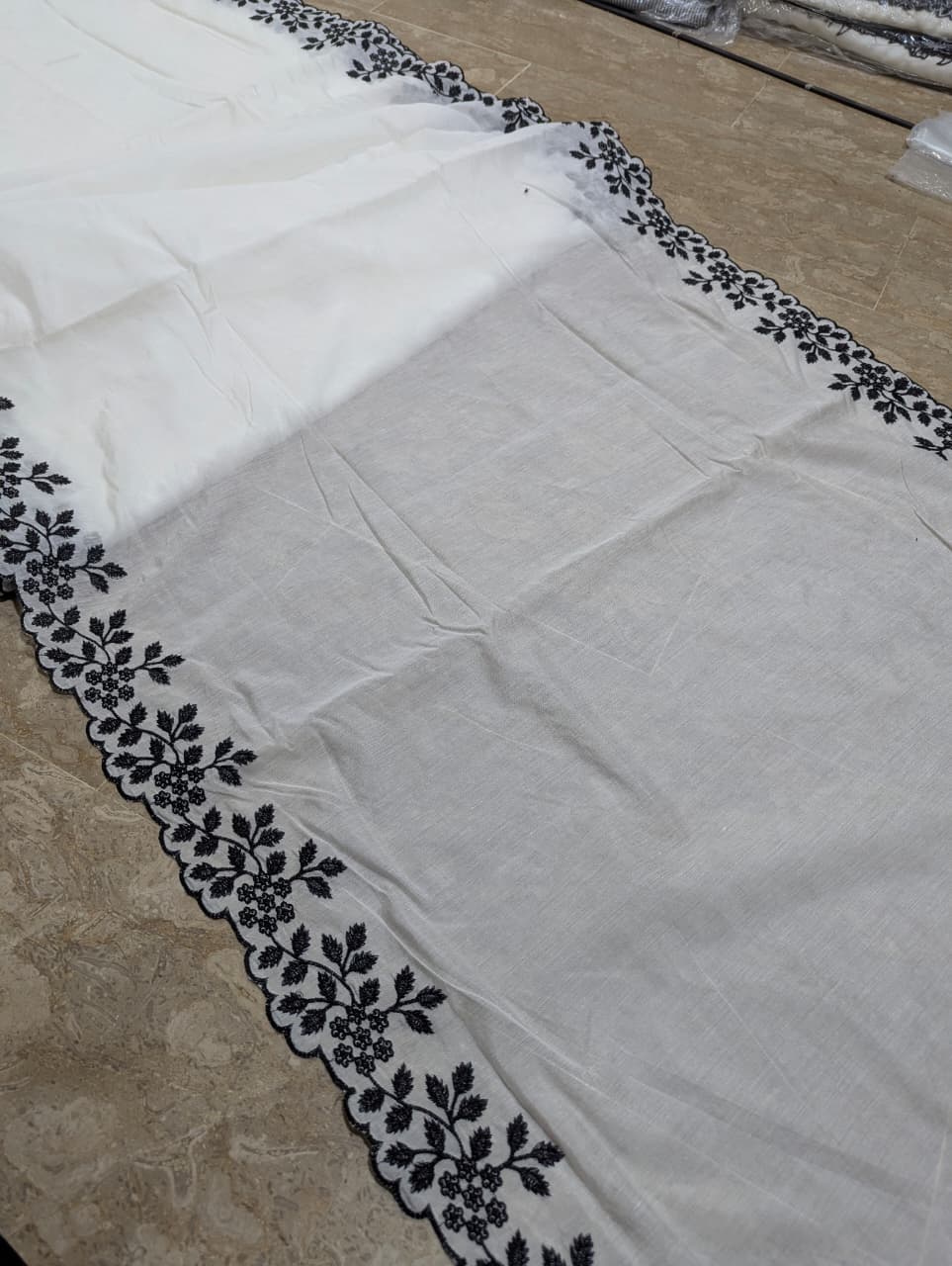 Voile Lawn Scalloped Dupatta with Black Embroidery – Badar and Sons #175