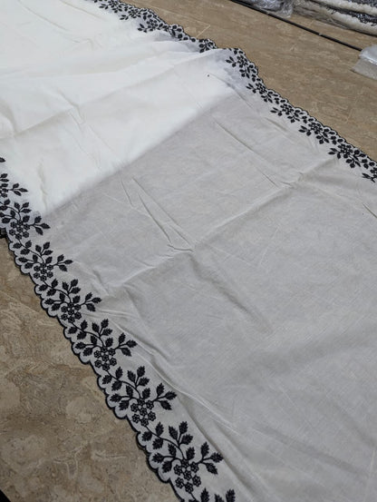 Voile Lawn Scalloped Dupatta with Black Embroidery – Badar and Sons #175