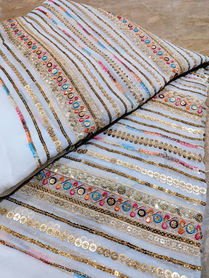 White Dyable Crinkle Chiffon – Multi-Colour Embroidery with 4 Sequins (Per Yard, Unstitched)