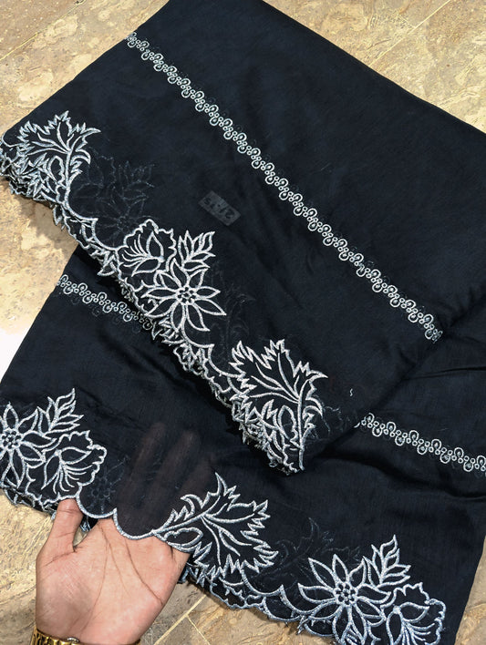 Black Voile Lawn Scallop Dupatta with Silver Zari Embroidery