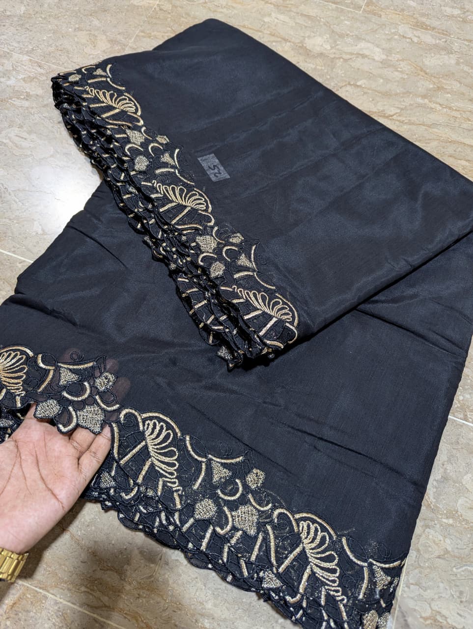 Black Voile Lawn Scallop Dupatta with Black & Golden Zari Two-Tone Embroidery