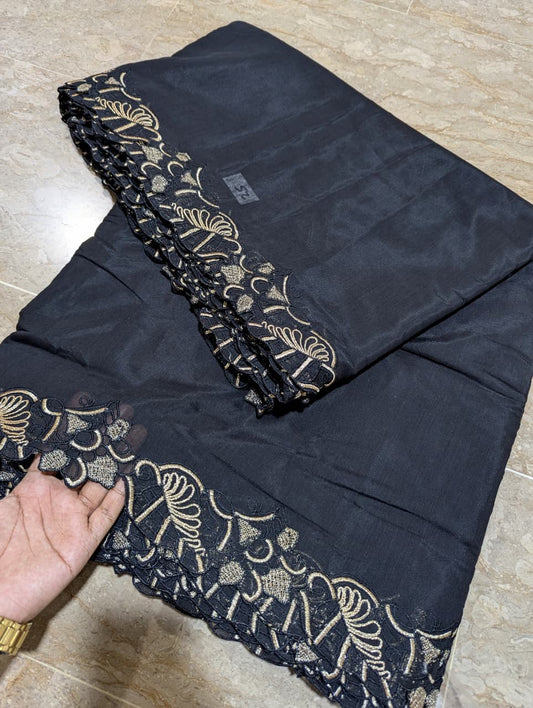 Black Voile Lawn Scallop Dupatta with Black & Golden Zari Two-Tone Embroidery