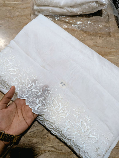 White Voile Lawn Scallop Dupatta with White Viscose Embroidery – Dyeable