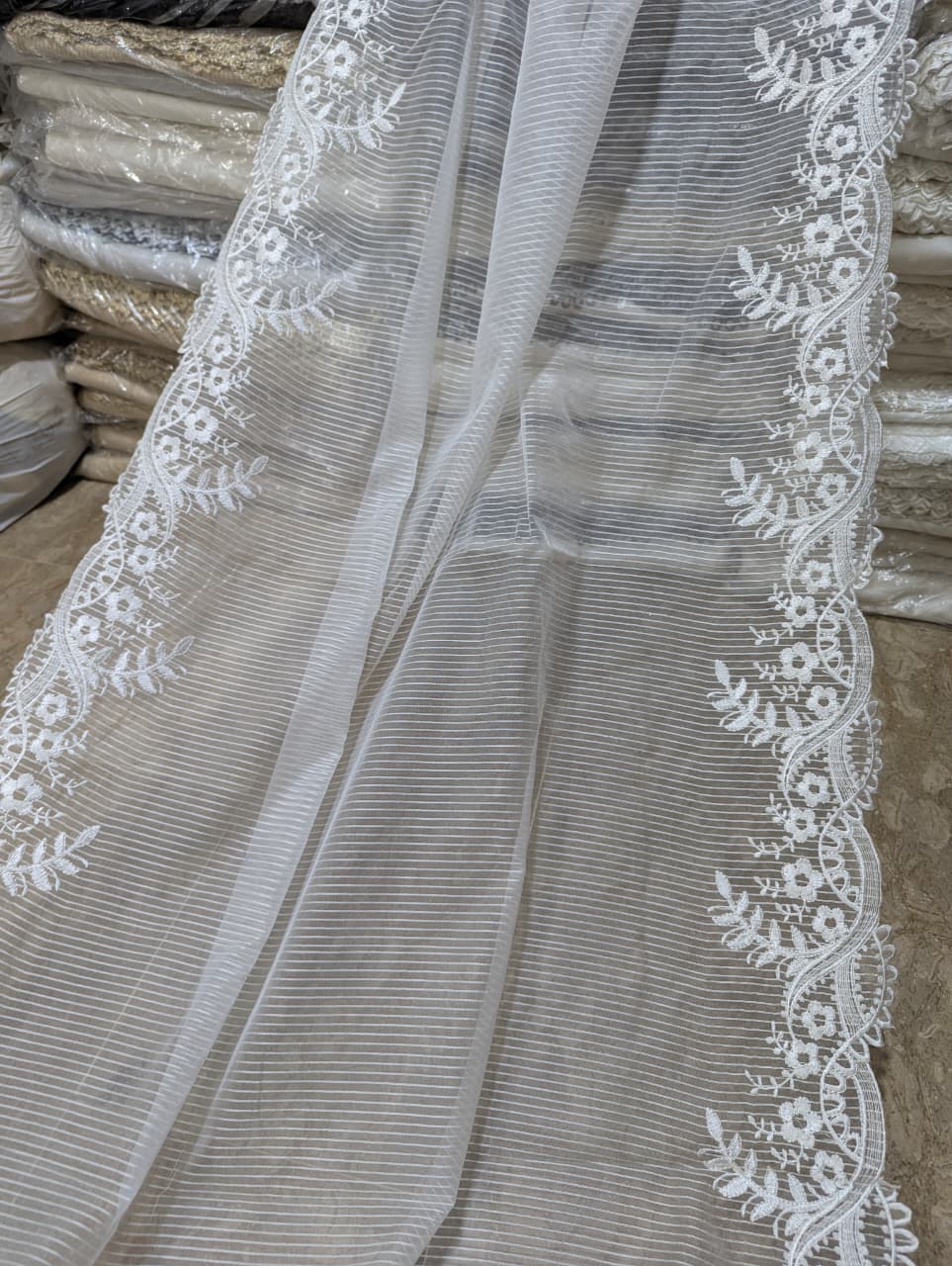 White Organza Scallop Dupatta with Self Lining & White Viscose Embroidery – Dyeable