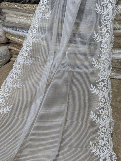 White Organza Scallop Dupatta with Self Lining & White Viscose Embroidery – Dyeable