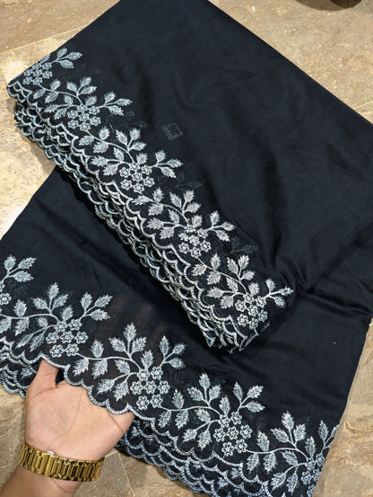 Black Voile Lawn Scallop Dupatta with Silver Zari Embroidery