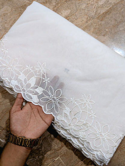 White Voile Lawn Scallop Dupatta with White Viscose Embroidery – Dyeable