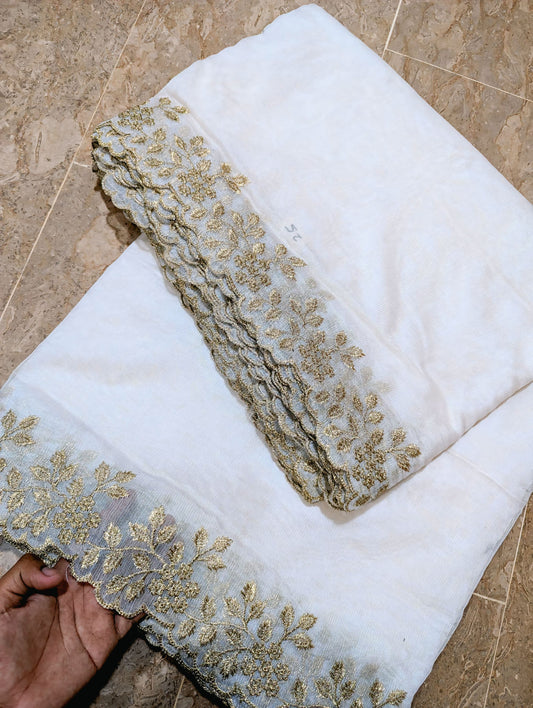 White Embroidered Cutwork Dupatta on Khadi Net with Golden – Dyable