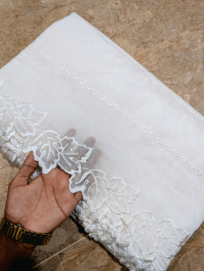 White Voile Lawn Scallop Dupatta with White Viscose Embroidery – Dyeable
