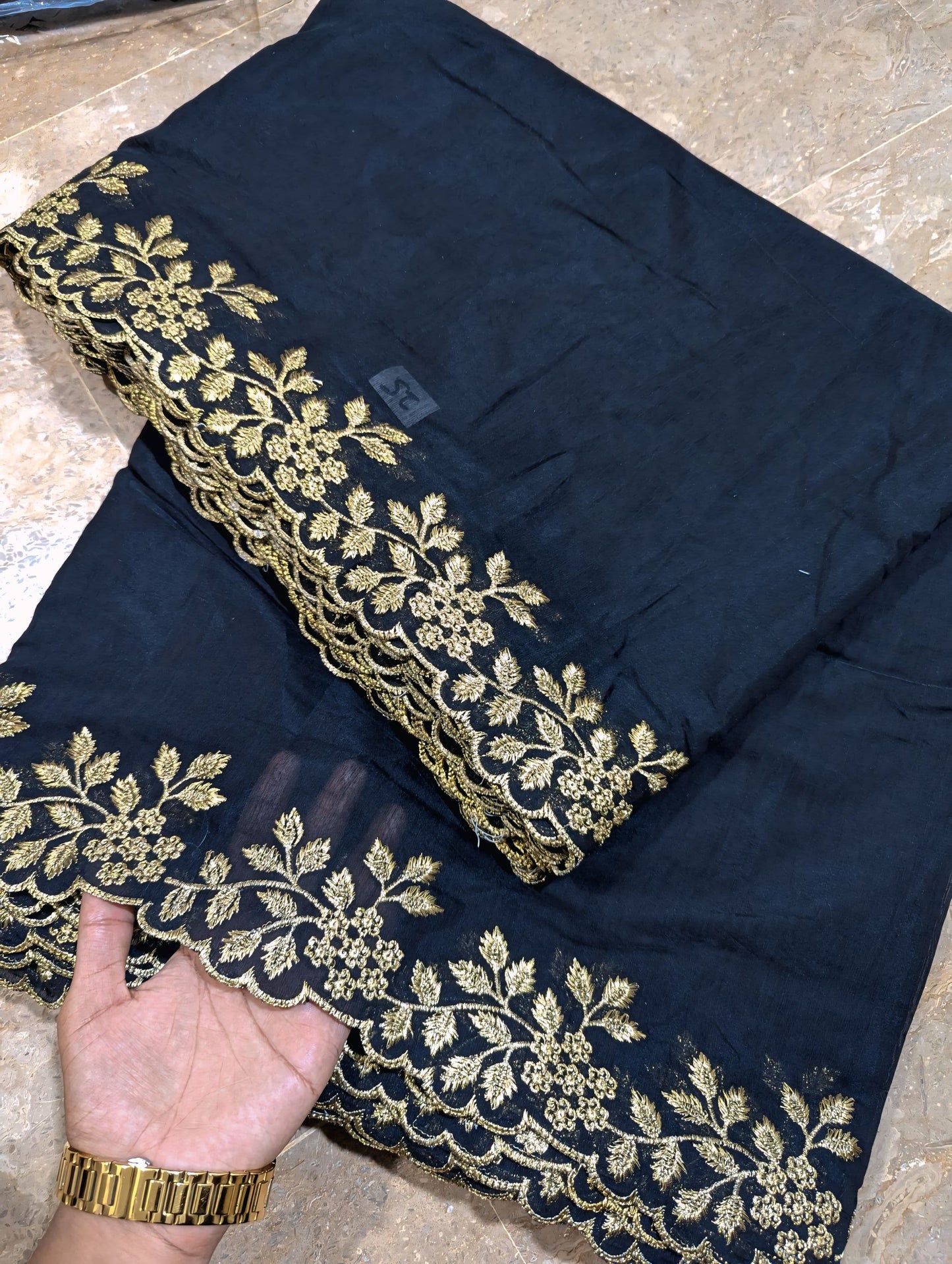 Black Voile Lawn Scallop Dupatta with Golden Embroidery
