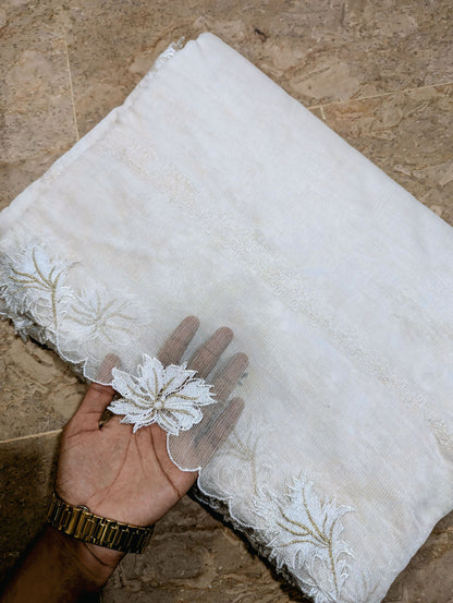 White Khadi Net Scallop Dupatta with White & Golden Two-Tone Embroidery – Dyeable