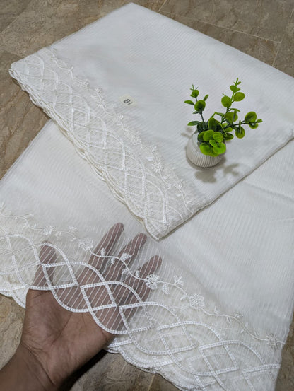 White Organza Scallop Dupatta with Self Lining & White Viscose Embroidery – Dyeable