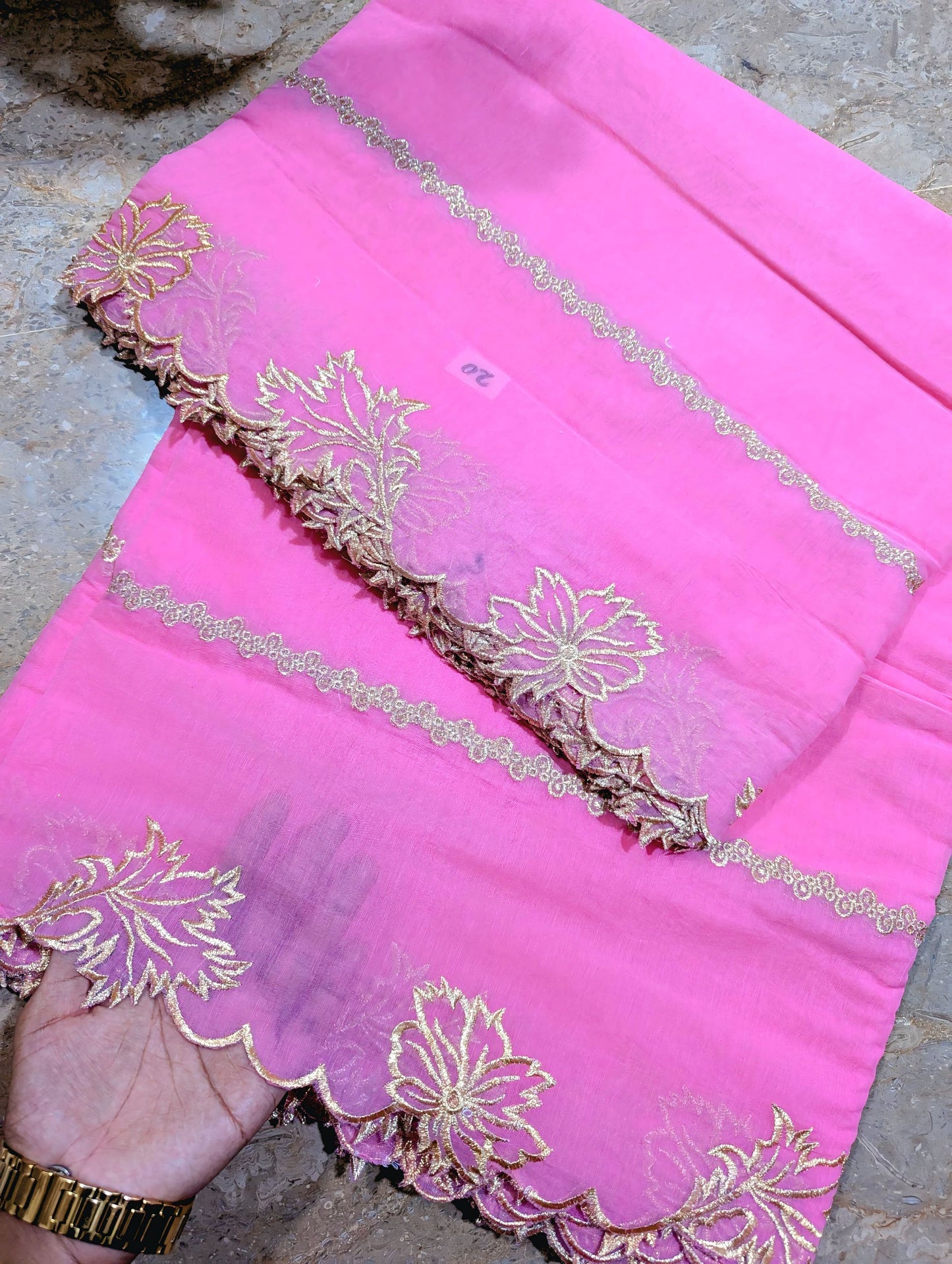 Premium Pink Voile Lawn Scallop Dupatta with Golden Embroidery