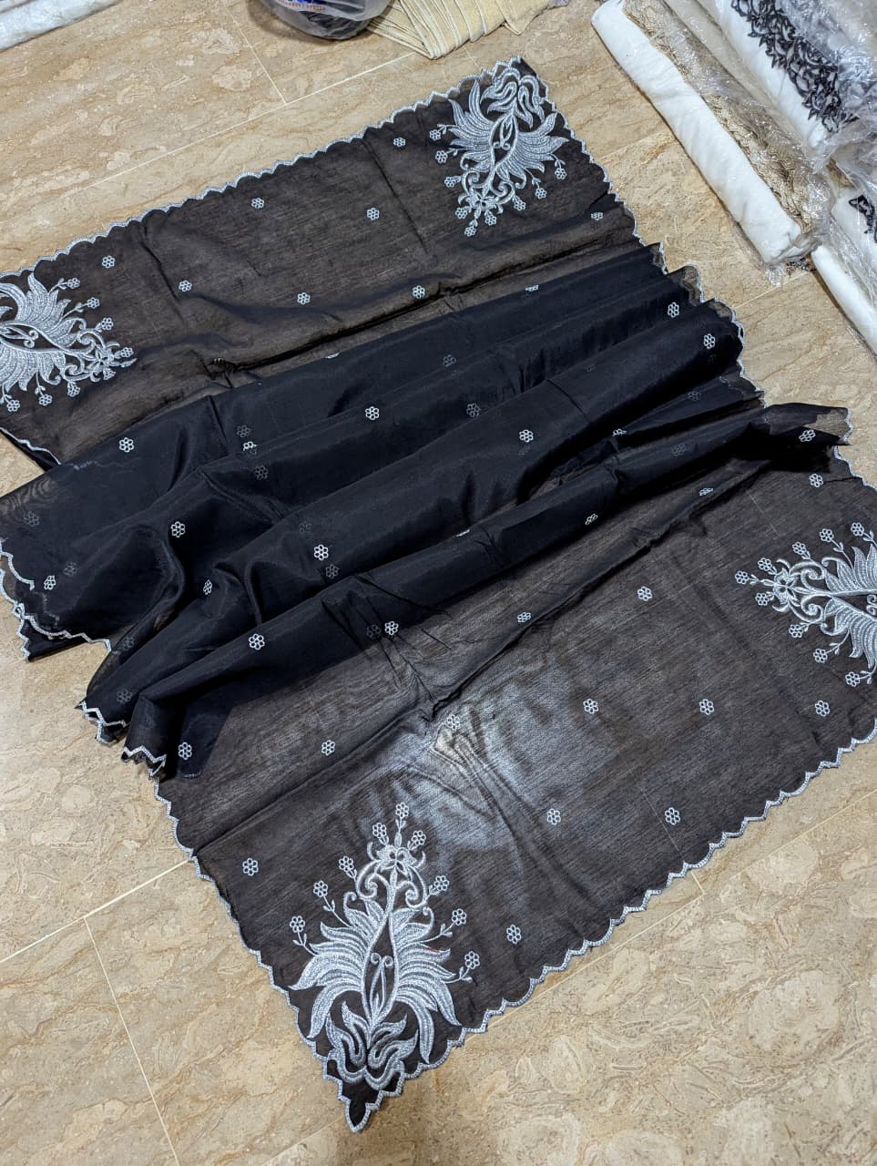 Black Voile Lawn 4-Sided Scallop Dupatta with Silver Zari Embroidery