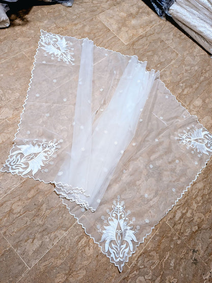 White Organza 4-Sided Scallop Dupatta with Dyeable White Viscose Embroidery