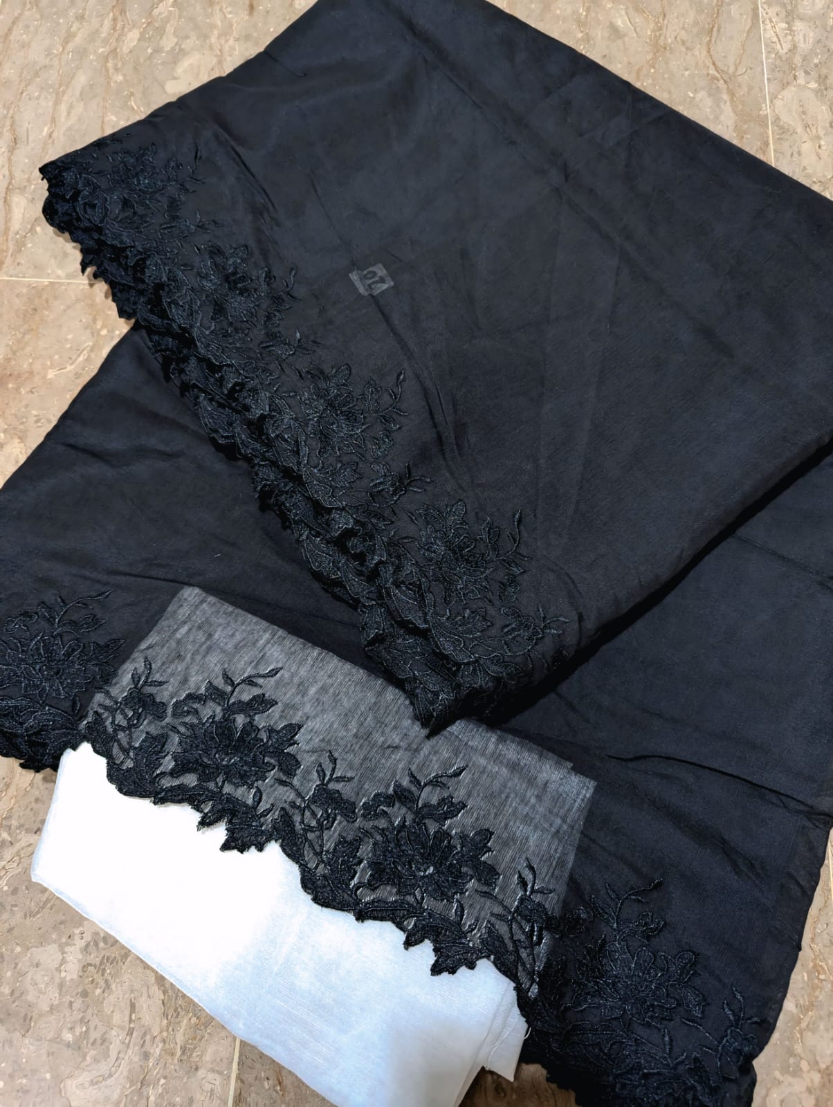 Black Voile Lawn Scallop Embroidered Dupatta