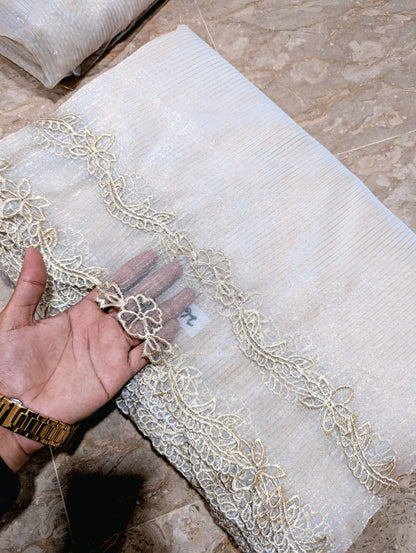 Dyeable White Organza Scallop Dupatta with Golden Zari Embroidery – Self-Lining